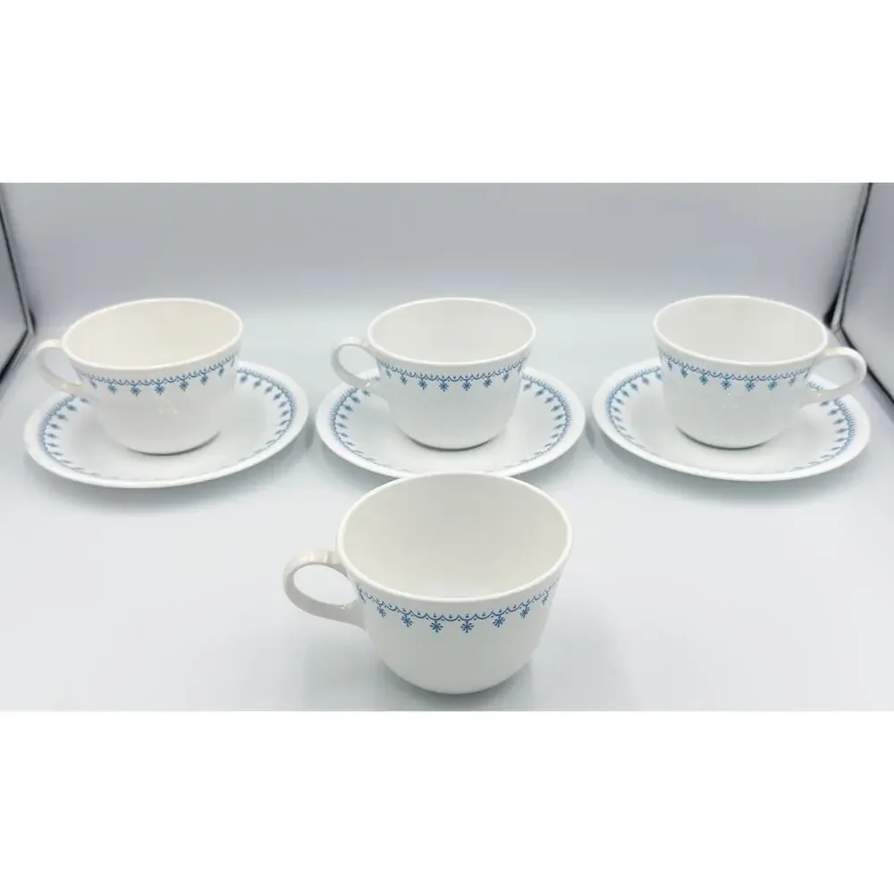 Vintage Snowflake Blue (Corelle) by CORNING - Flat Cup & Saucer 7pc Set